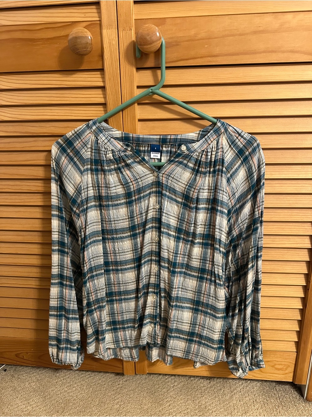 Old Navy Teal and Cream Plaid Long Sleeve Button-Front Top